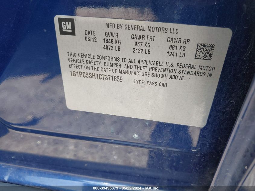 2012 Chevrolet Cruze Ls VIN: 1G1PC5SH1C7371839 Lot: 39495379