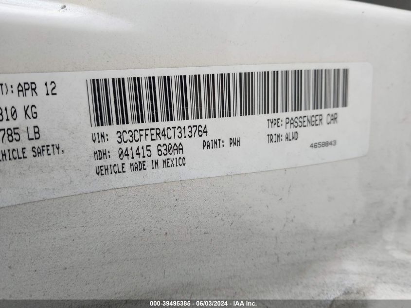 2012 Fiat 500C Lounge VIN: 3C3CFFER4CT313764 Lot: 39495385