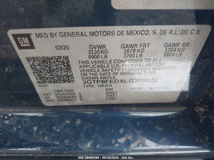 2020 GMC Sierra 1500 VIN: 3GTP8FEDXLG270925 Lot: 39495394