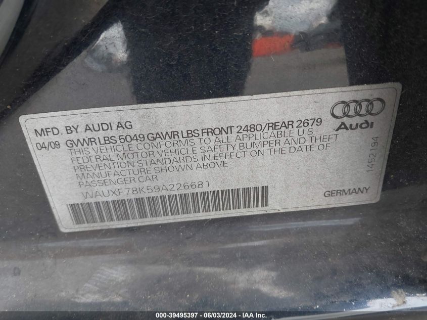 2009 Audi A4 2.0T Avant VIN: WAUXF78K59A226681 Lot: 39495397