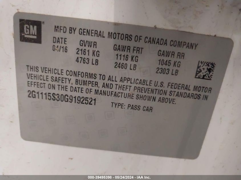 2016 Chevrolet Impala 2Lt VIN: 2G1115S30G9192521 Lot: 39495398