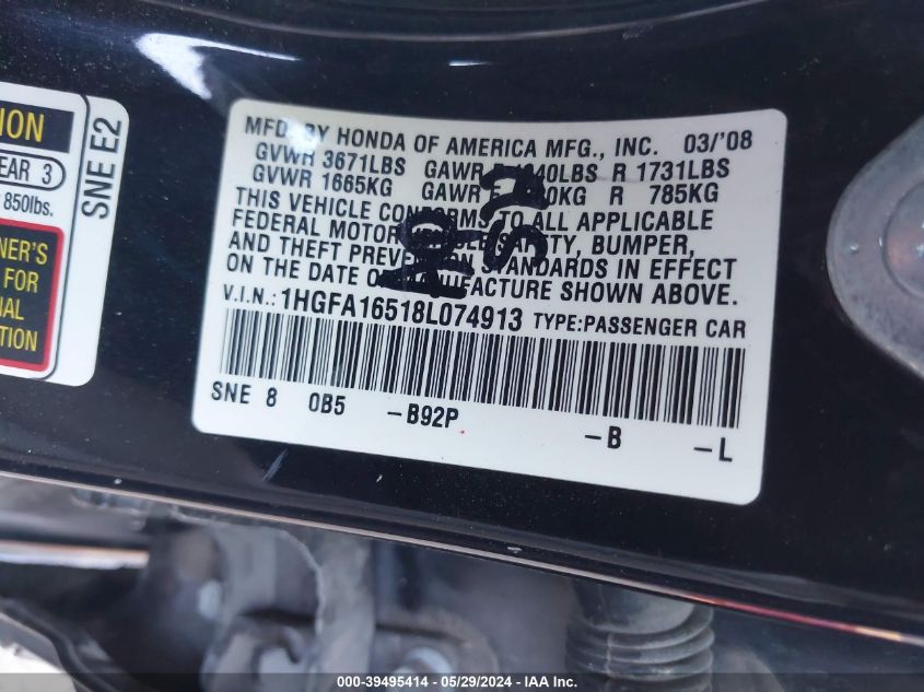 2008 Honda Civic Lx VIN: 1HGFA15518LD74913 Lot: 39495414