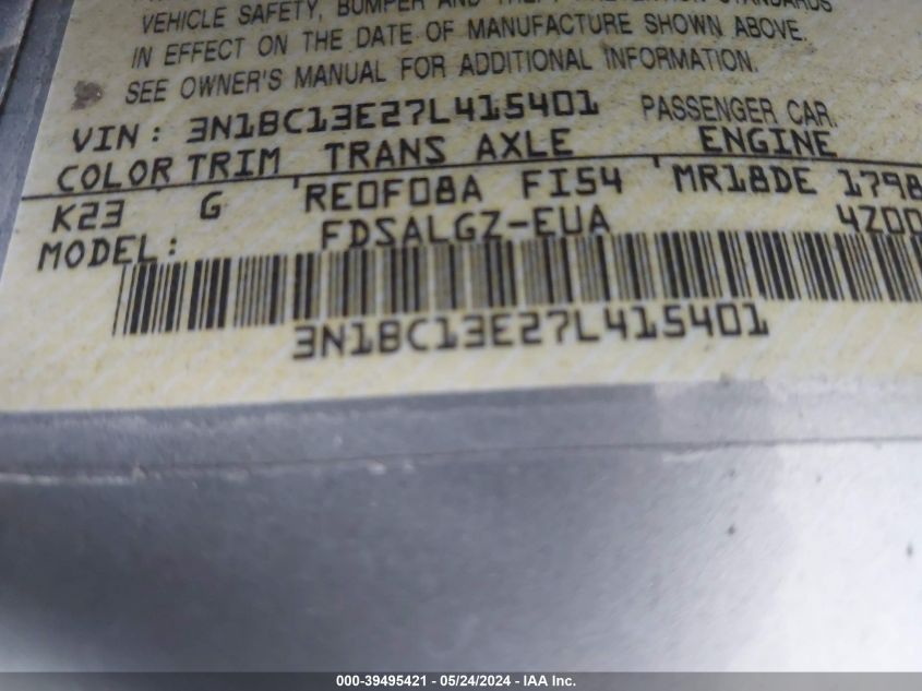 2007 Nissan Versa 1.8Sl VIN: 3N1BC13E27L415401 Lot: 39495421