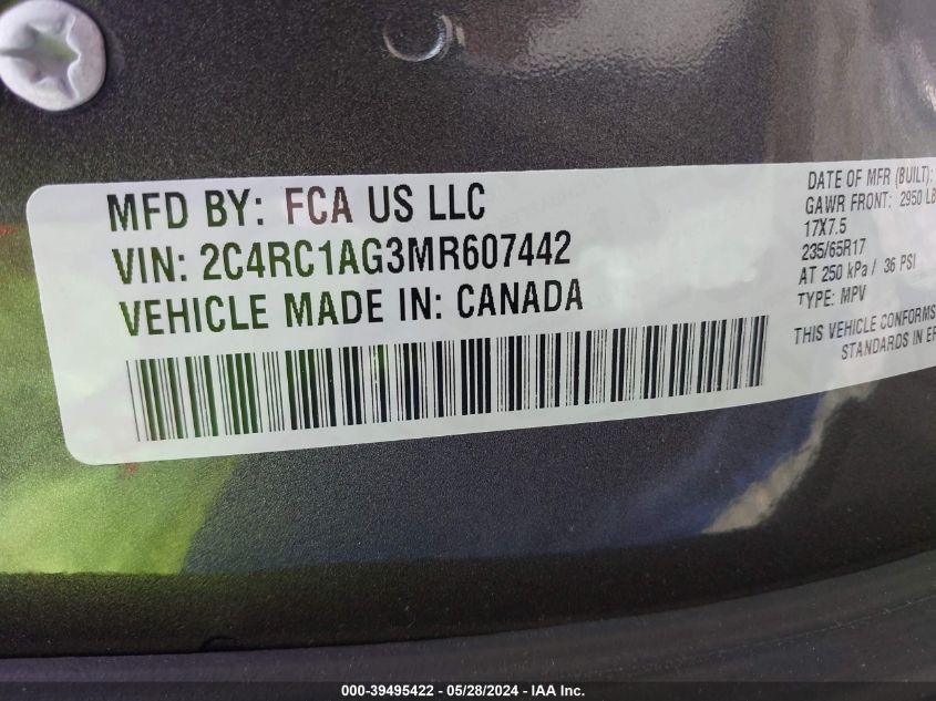 2021 Chrysler Voyager L VIN: 2C4RC1AG3MR607442 Lot: 39495422