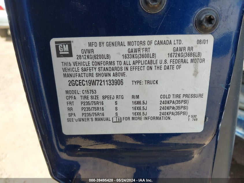 2002 Chevrolet Silverado 1500 VIN: 2GCEC19W721133906 Lot: 39495428