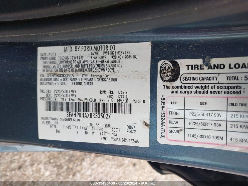 2011 Ford Fusion Se VIN: 3FAHP0HAXBR335027 Lot: 39495430