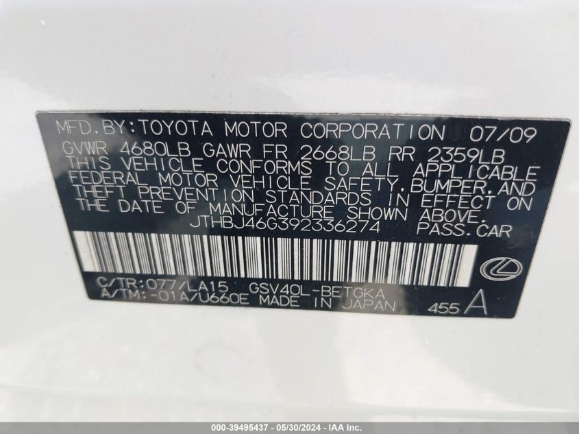 2009 Lexus Es 350 VIN: JTHBJ46G392336274 Lot: 39495437