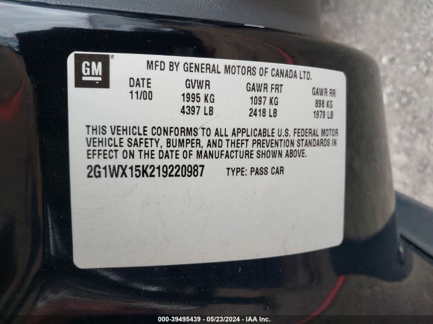 2001 Chevrolet Monte Carlo Ss VIN: 2G1WX15K219220987 Lot: 39495439