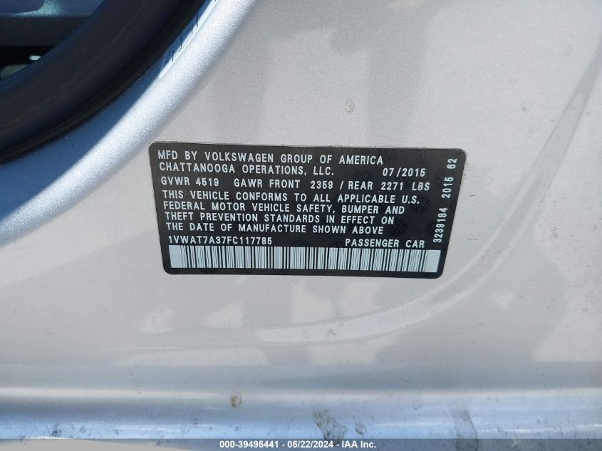 2015 Volkswagen Passat 1.8T Limited Edition VIN: 1VWAT7A37FC117785 Lot: 39495441