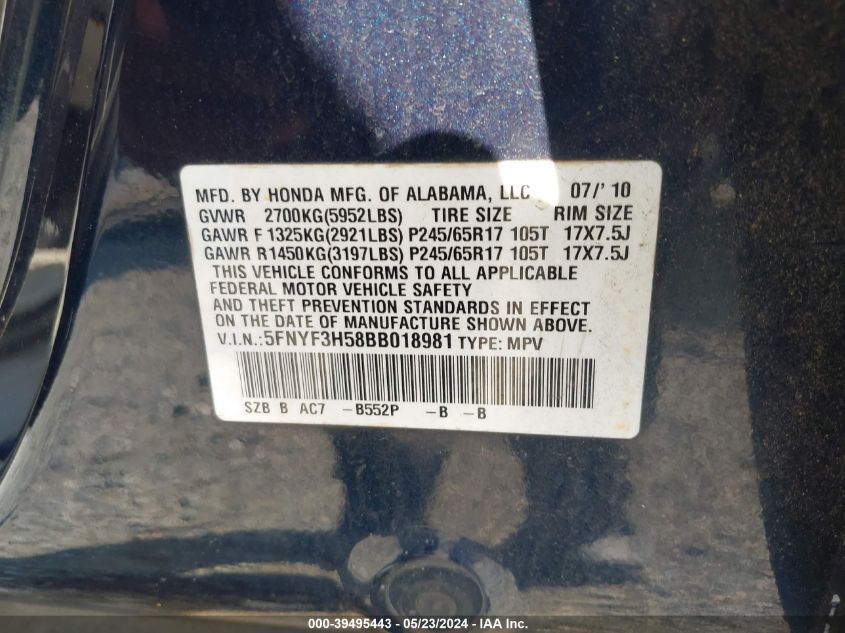 2011 Honda Pilot Ex-L VIN: 5FNYF3H58BB018981 Lot: 39495443