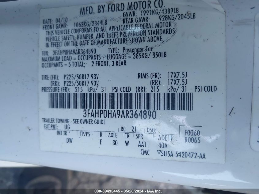 2010 Ford Fusion Se VIN: 3FAHP0HA9AR364890 Lot: 39495445