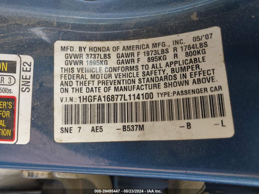 2007 Honda Civic Ex VIN: 1HGFA16877L114100 Lot: 39495447