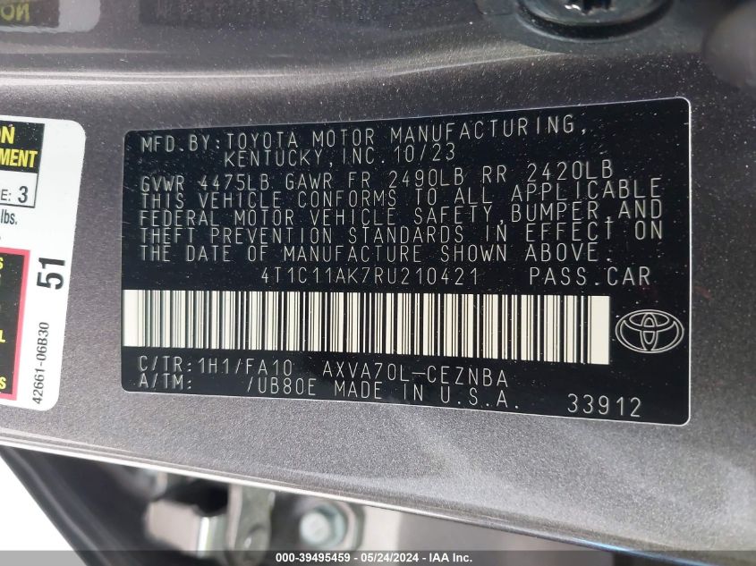 4T1C11AK7RU210421 2024 Toyota Camry Le