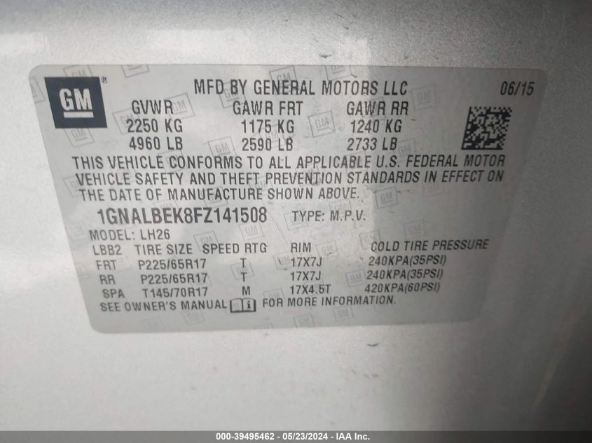 2015 Chevrolet Equinox 1Lt VIN: 1GNALBEK8FZ141508 Lot: 39495462