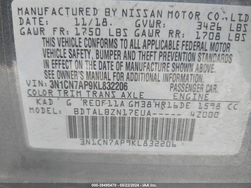 2019 Nissan Versa 1.6 Sv VIN: 3N1CN7AP9KL832206 Lot: 39495470