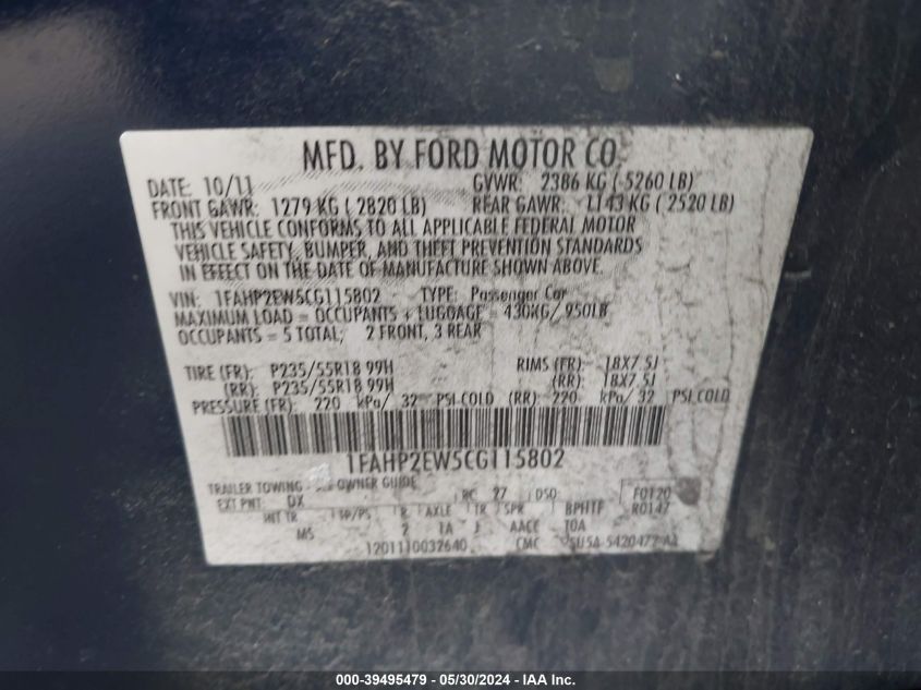 2012 Ford Taurus Sel VIN: 1FAHP2EW5CG115802 Lot: 39495479