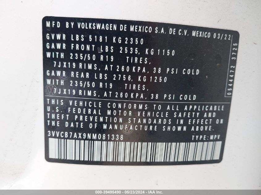 2022 Volkswagen Tiguan 2.0T Se R-Line Black VIN: 3VVCB7AX9NM081338 Lot: 39495490