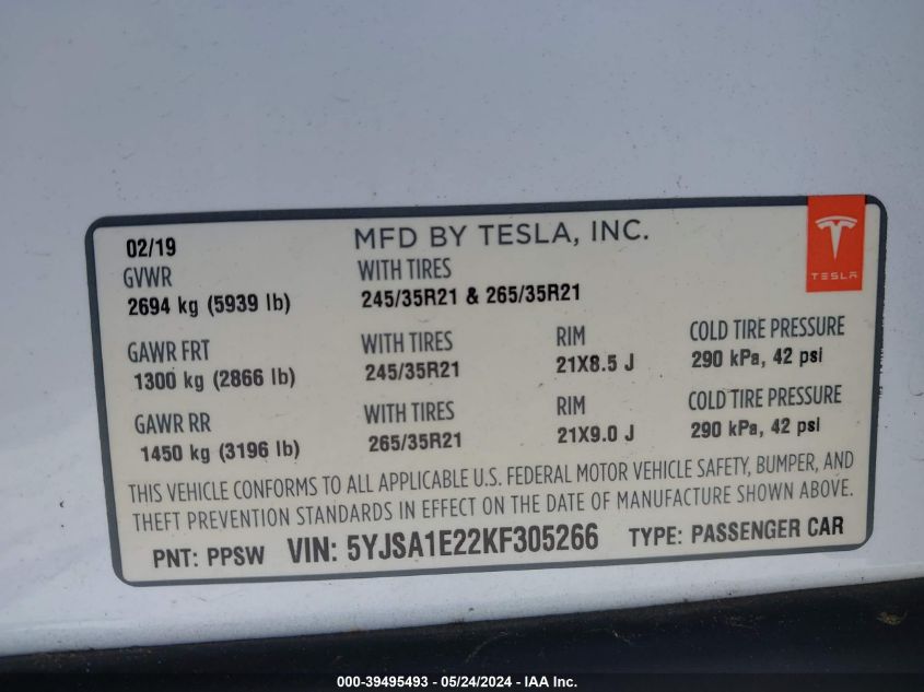 5YJSA1E22KF305266 2019 Tesla Model S 100D/75D/Long Range/Standard Range