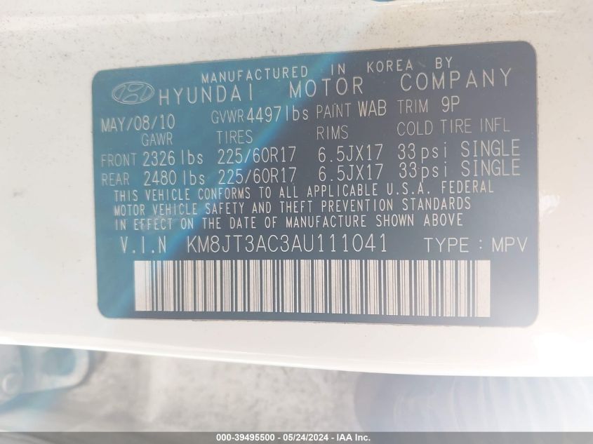 2010 Hyundai Tucson Gls VIN: KM8JT3AC3AU111041 Lot: 39495500