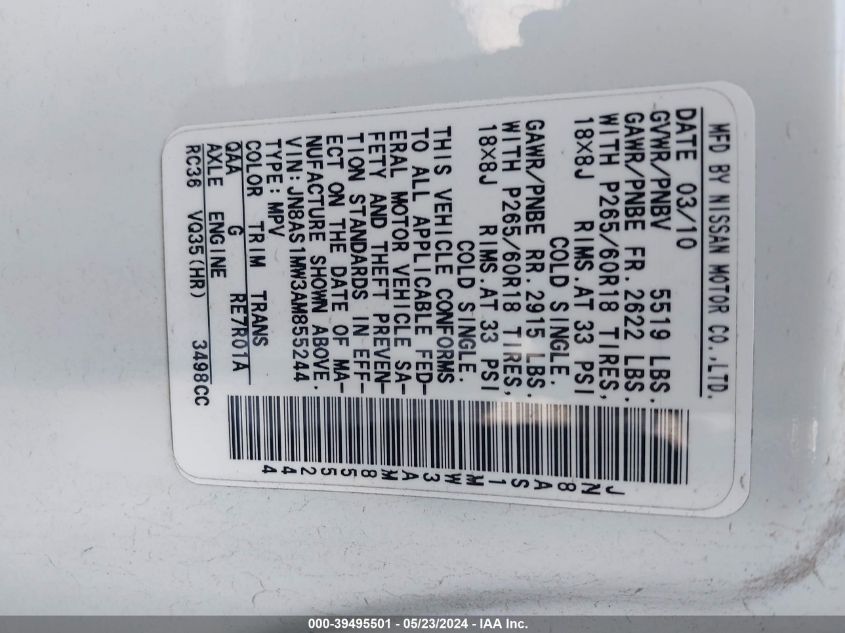 2010 Infiniti Fx35 VIN: JN8AS1MW3AM855244 Lot: 39495501