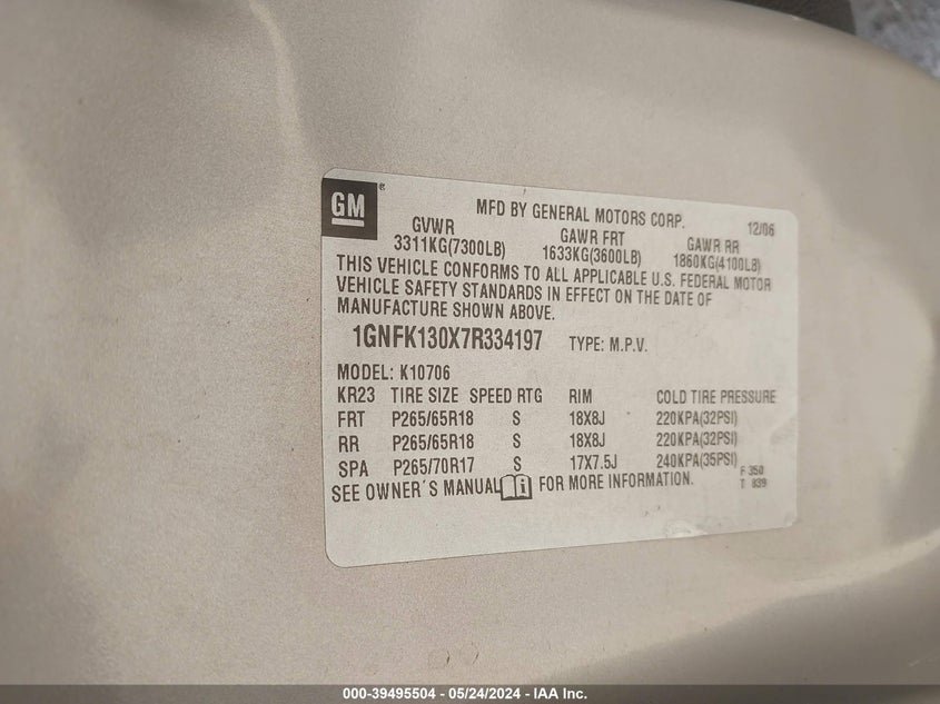 2007 Chevrolet Tahoe Lt VIN: 1GNFK130X7R334197 Lot: 39495504