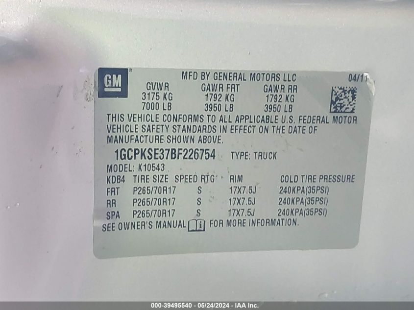 2011 Chevrolet Silverado 1500 Lt VIN: 1GCPKSE37BF226754 Lot: 39495540