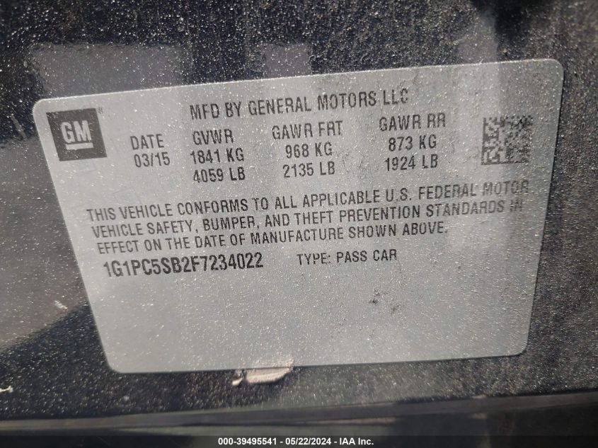2015 Chevrolet Cruze 1Lt Auto VIN: 1G1PC5SB2F7234022 Lot: 39495541