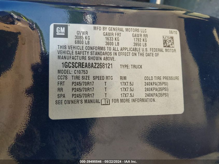 2010 Chevrolet Silverado 1500 Ls VIN: 1GCSCREA8AZ268121 Lot: 39495546