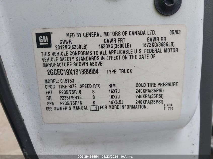 2003 Chevrolet Silverado 1500 Ls VIN: 2GCEC19X131389954 Lot: 39495554