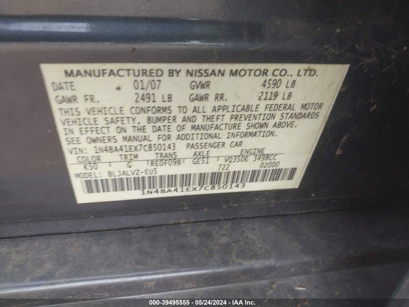 2007 Nissan Maxima 3.5 Se VIN: 1N4BA41EX7C850143 Lot: 39495555