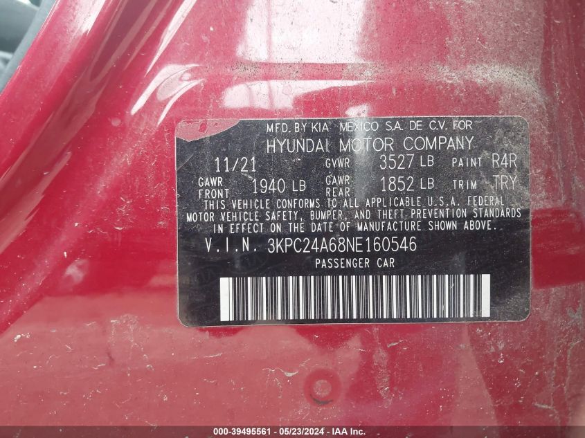 2022 Hyundai Accent Sel VIN: 3KPC24A68NE160546 Lot: 39495561