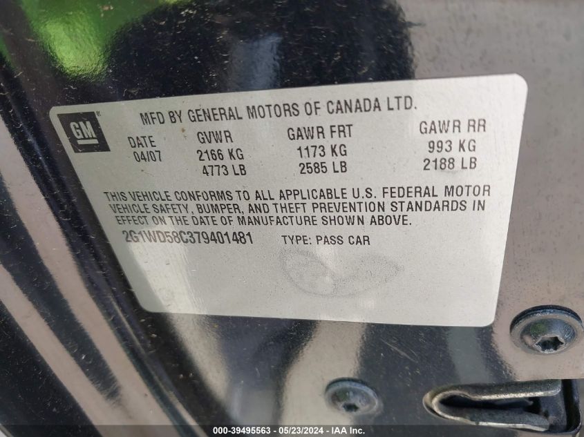 2007 Chevrolet Impala Ss VIN: 2G1WD58C379401481 Lot: 39495563
