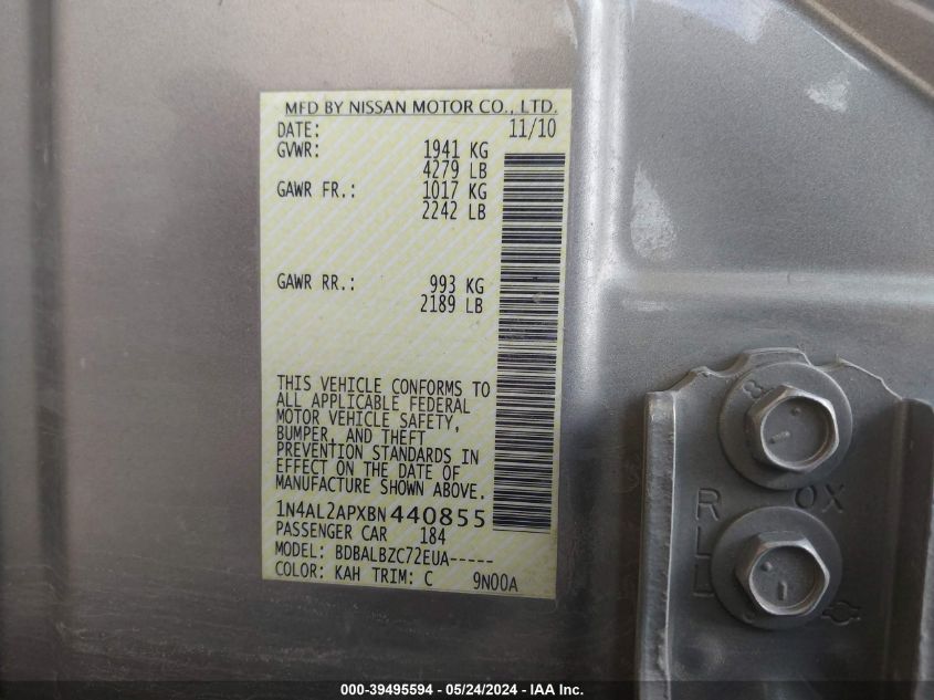 2011 Nissan Altima 2.5 S VIN: 1N4AL2APXBN440855 Lot: 39495594