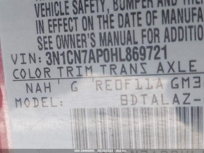2017 Nissan Versa 1.6 S+ VIN: 3N1CN7AP0HL869721 Lot: 39495595