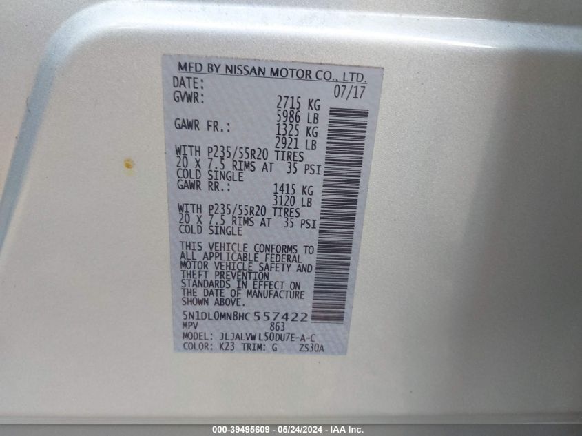 2017 Infiniti Qx60 VIN: 5N1DL0MN8HC557422 Lot: 39495609