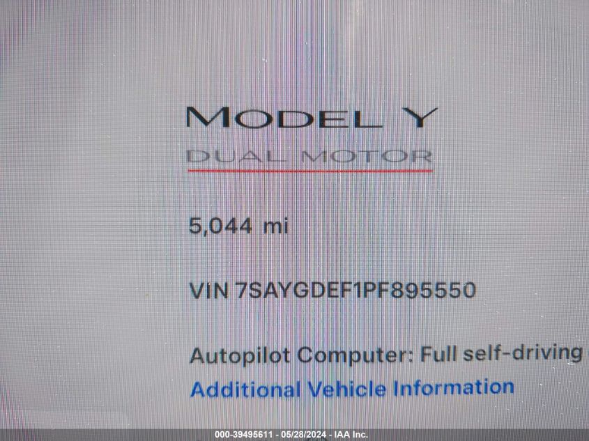 2023 Tesla Model Y Awd/Performance Dual Motor All-Wheel Drive VIN: 7SAYGDEF1PF895550 Lot: 39495611