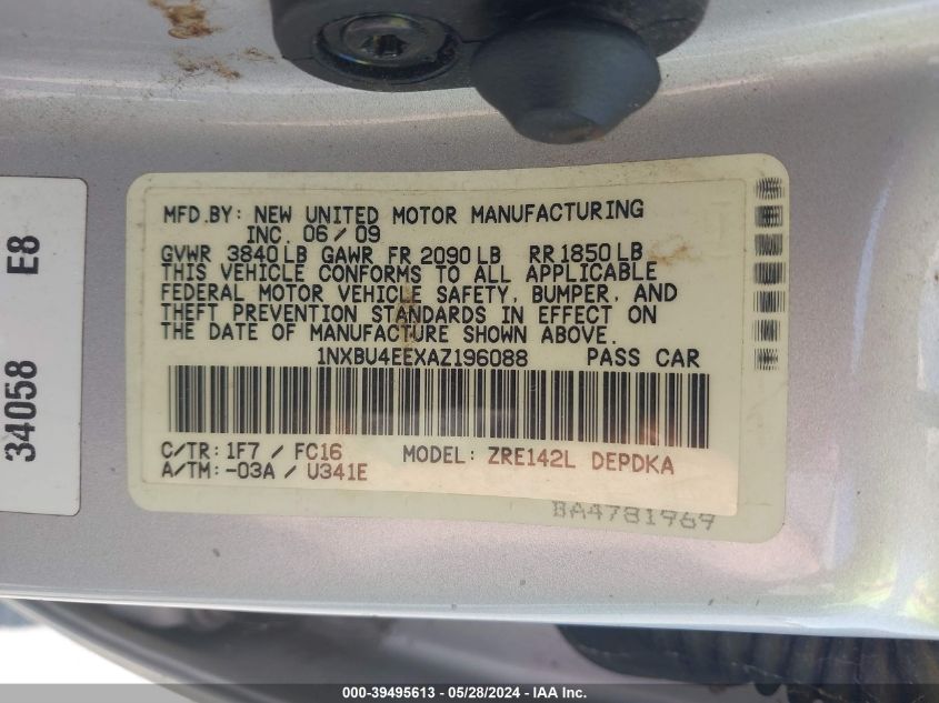 2010 Toyota Corolla Le VIN: 1NXBU4EEXAZ196088 Lot: 39495613