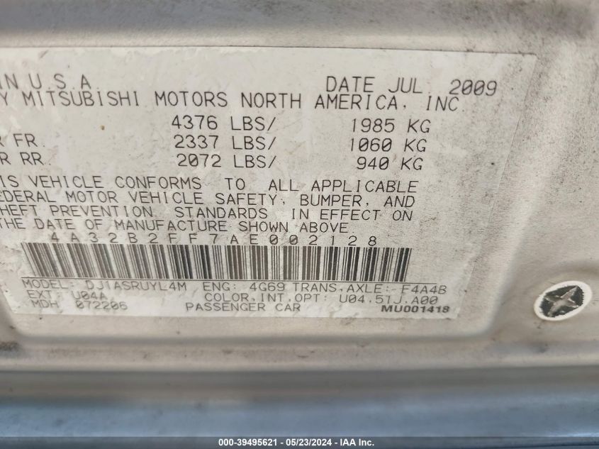 2010 Mitsubishi Galant Fe VIN: 4A32B2FF7AE002128 Lot: 39495621