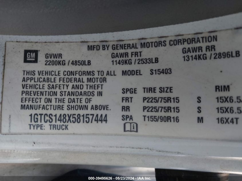 2005 GMC Canyon Sl VIN: 1GTCS148X58157444 Lot: 39495626