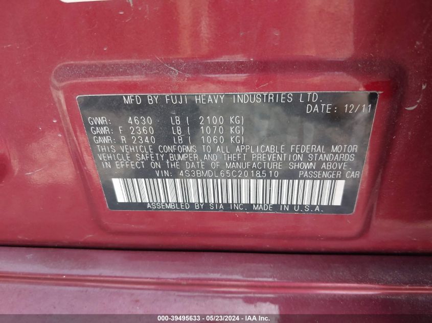 2012 Subaru Legacy 3.6R Limited VIN: 4S3BMDL65C2018510 Lot: 39495633