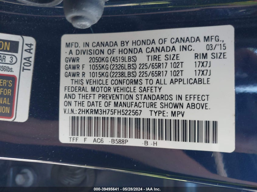 2015 HONDA CR-V EX-L - 2HKRM3H75FH522567