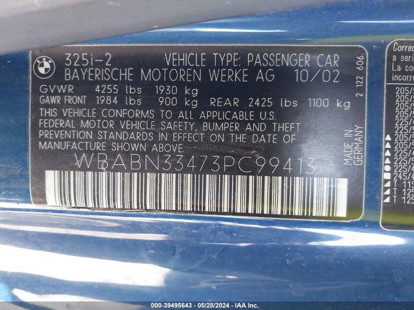 2003 BMW 325Ci VIN: WBABN33473PC99413 Lot: 39495643