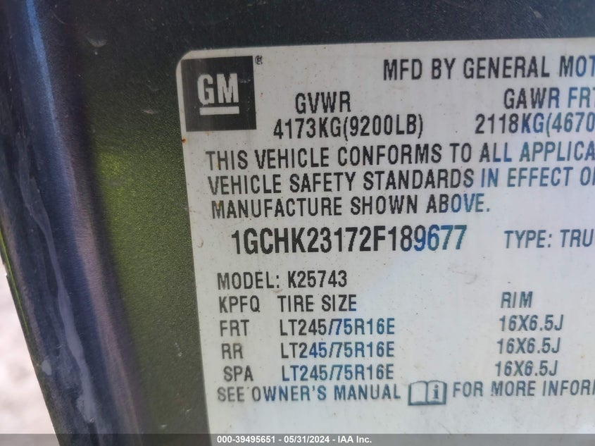 2002 Chevrolet Silverado 2500Hd Lt VIN: 1GCHK23172F189677 Lot: 39495651