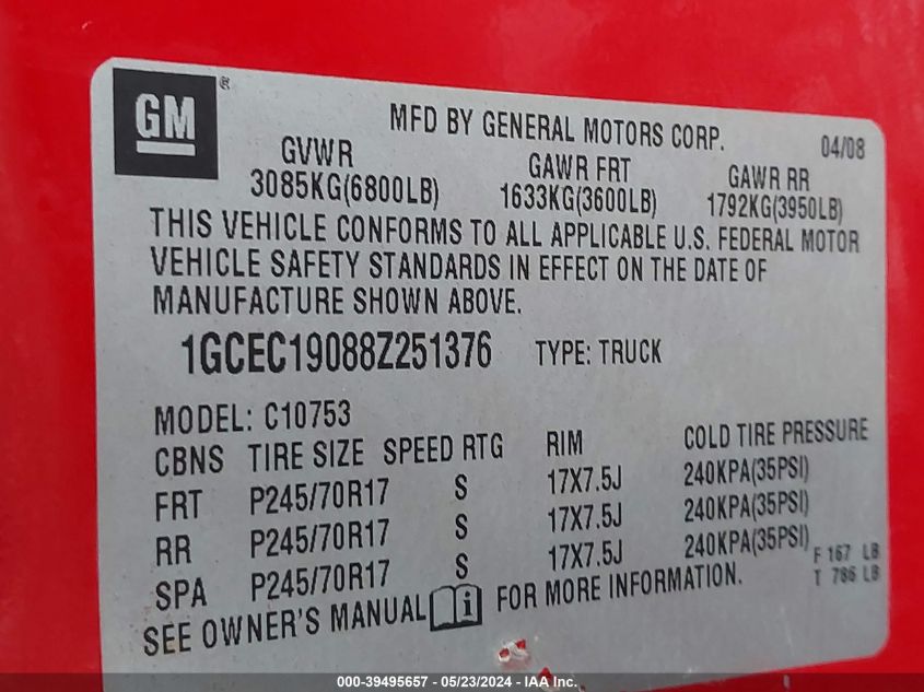 2008 Chevrolet Silverado 1500 Lt1 VIN: 1GCEC19088Z251376 Lot: 39495657