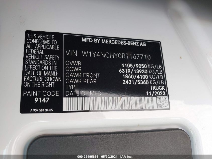 2024 Mercedes-Benz Sprinter 2500 High Roof 4-Cyl Diesel Ho VIN: W1Y4NCHY0RT167710 Lot: 39495666