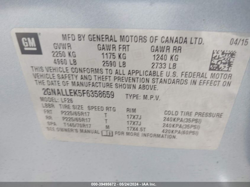 2015 Chevrolet Equinox L VIN: 2GNALLEK5F6358659 Lot: 39495672