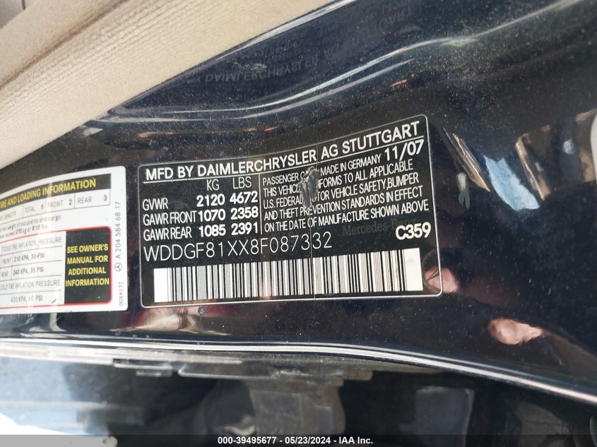 2008 Mercedes-Benz C 300 Luxury 4Matic/Sport 4Matic VIN: WDDGF81XX8F087332 Lot: 39495677