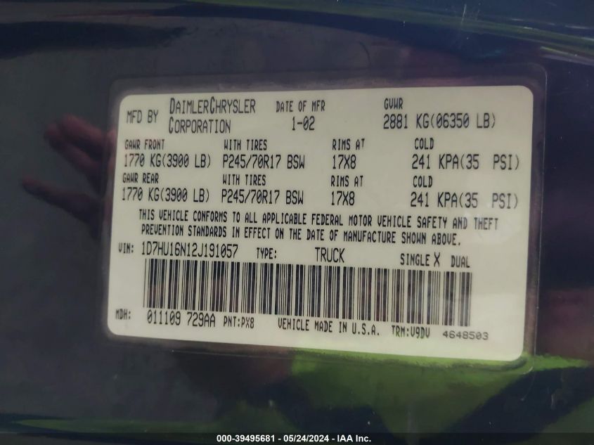 2002 Dodge Ram 1500 VIN: 1D7HU16N12J191057 Lot: 39495681