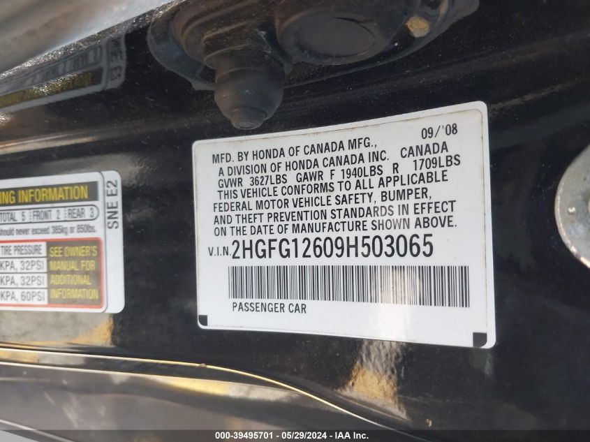 2009 Honda Civic Lx VIN: 2HGFG12609H503065 Lot: 39495701