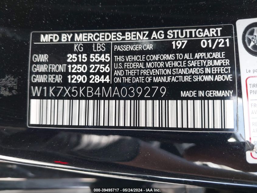 2021 Mercedes-Benz Amg Gt 43 4-Door Coupe VIN: W1K7X5KB4MA039279 Lot: 39495717